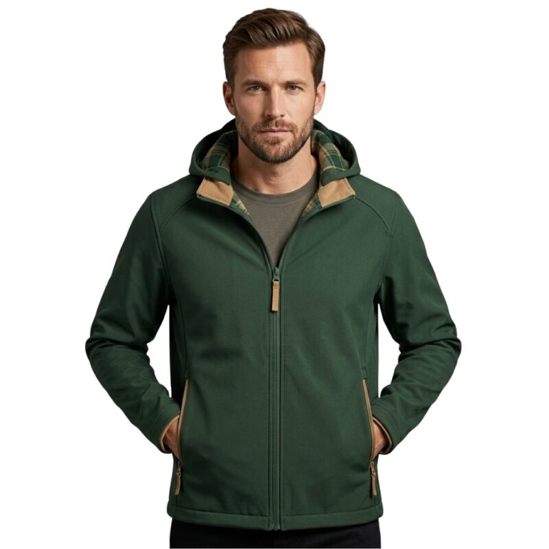 Male model wearing custom forest green softshell jacket with plaid hood lining front view – custom outdoor apparel