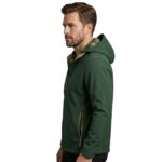 Male model wearing custom forest green softshell jacket with plaid hood lining side view – custom outdoor apparel