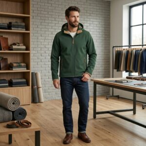 Male model wearing custom forest green softshell jacket with tan collar in clothing sample room – custom outdoor apparel