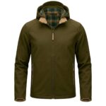 Custom olive-brown softshell jacket with plaid lining hood – custom outdoor apparel