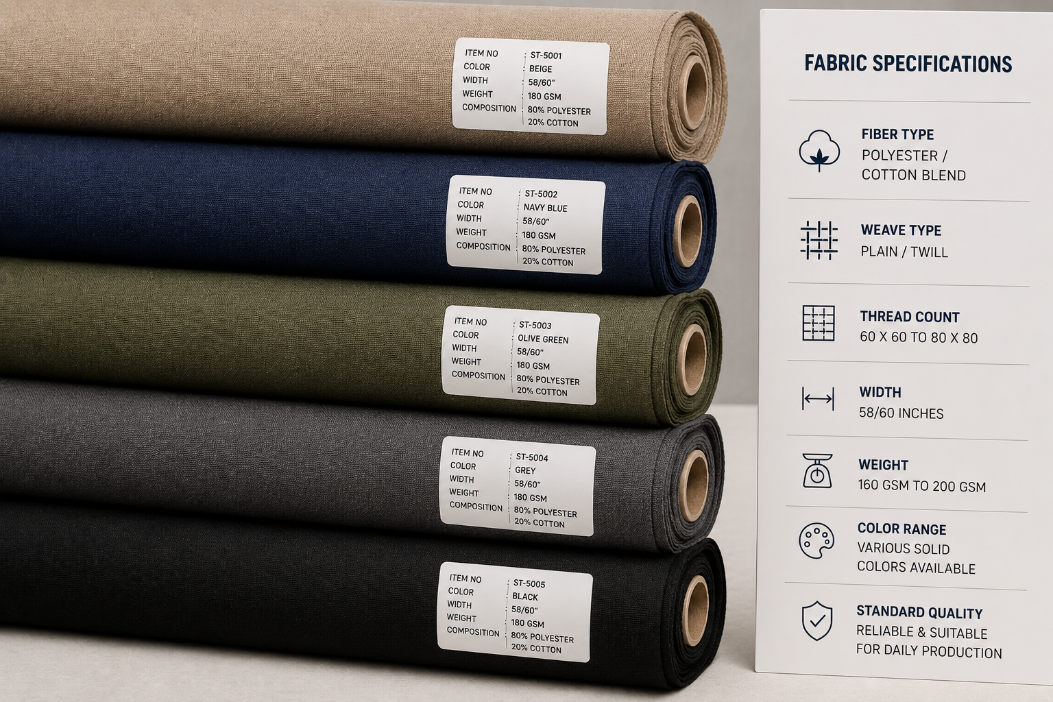 Standard polyester-cotton blend fabric rolls in beige, navy, olive, grey and black with 160-200 GSM specifications