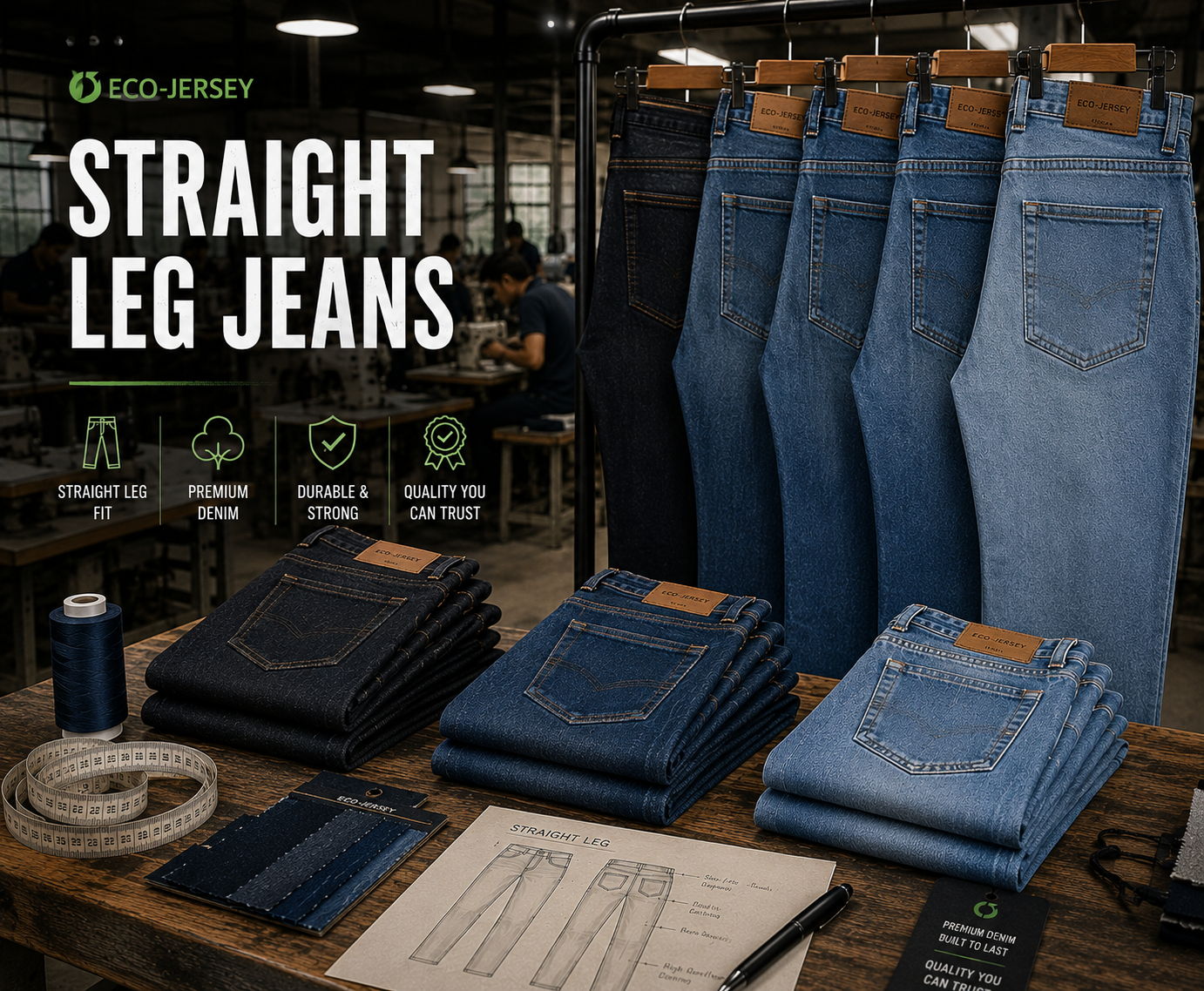 Custom straight leg denim jeans with classic timeless cut for versatile everyday wear, manufactured by Eco Jersey Limited