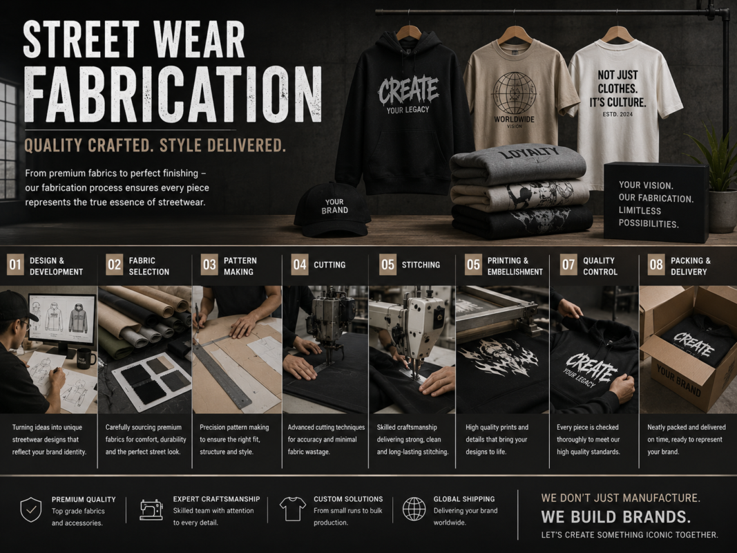 Streetwear fabrication process image showing custom garment construction and fabric quality for streetwear brands, manufactured by Eco Jersey Limited