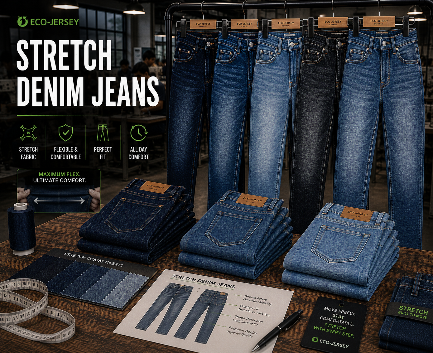 Custom stretch denim jeans with flexible fabric for comfortable all-day wear, manufactured by Eco Jersey Limited