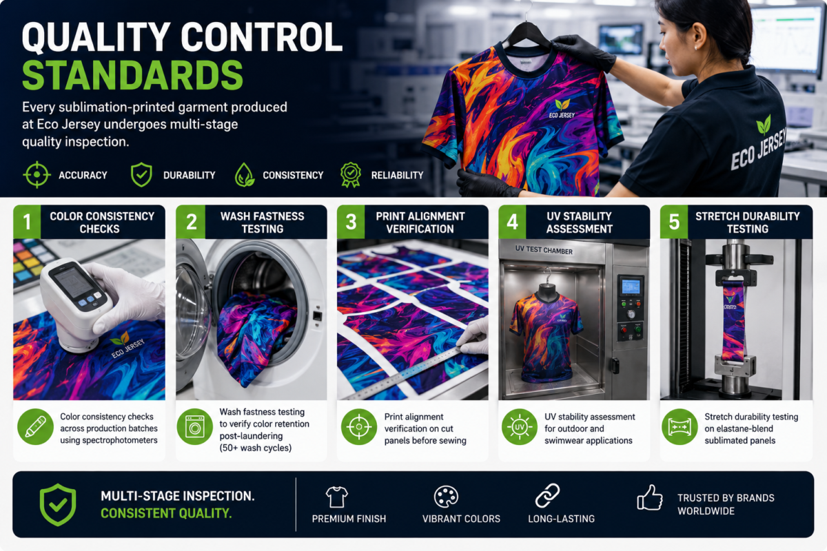 Sublimated garment quality control process infographic at Eco Jersey showing fabric inspection, print alignment check, color vibrancy verification, heat transfer quality, seam strength, and final garment inspection for custom sportswear manufacturing