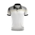 Custom sublimation golf shirt laid flat, featuring an all-over printed design, polo collar with button placket, and short sleeves in lightweight performance fabric