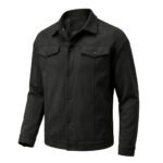 Black suede jacket front view on plain background.