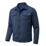 Blue suede jacket front view on plain background.