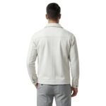 Male model wearing a suede jacket back view.