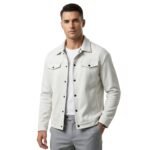 Male model wearing a suede jacket front view.