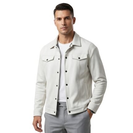 Male model wearing a suede jacket front view.