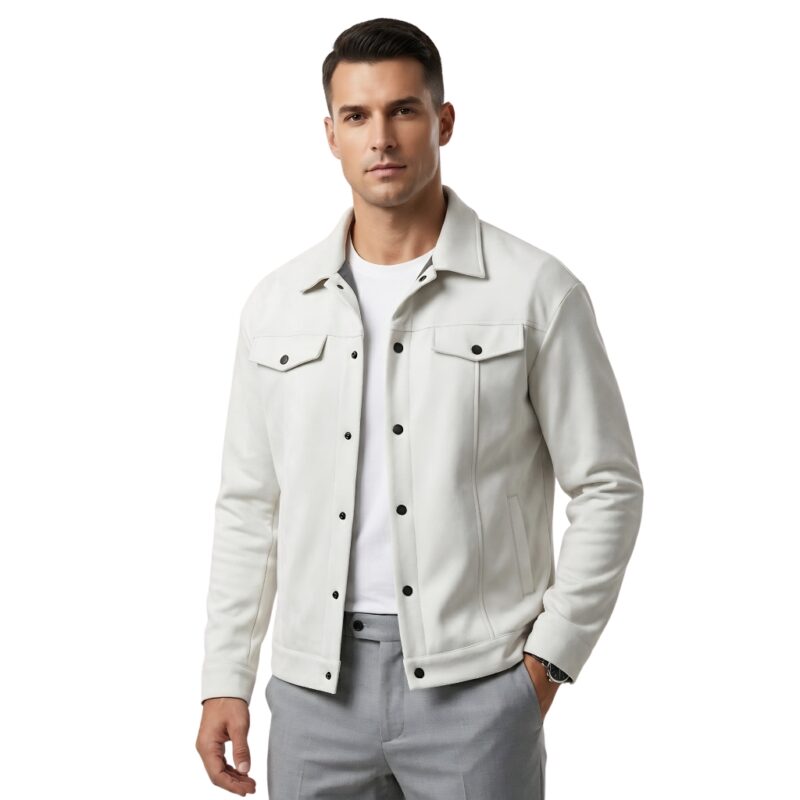 Male model wearing a suede jacket front view.