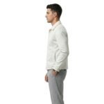 Male model wearing a suede jacket side view.