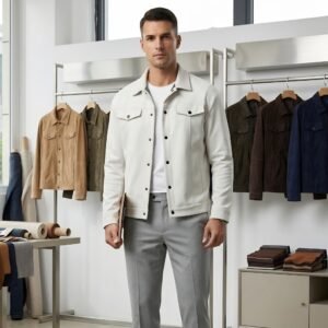 Male model wearing a suede jacket in a sample room.