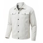 White suede jacket front view on plain background.