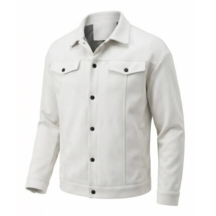 White suede jacket front view on plain background.