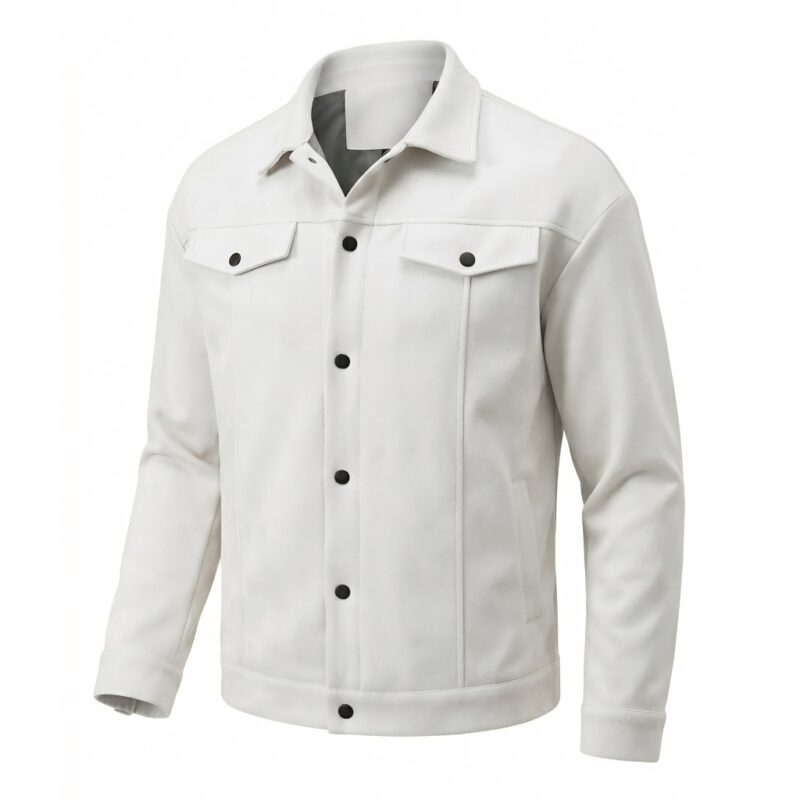 White suede jacket front view on plain background.