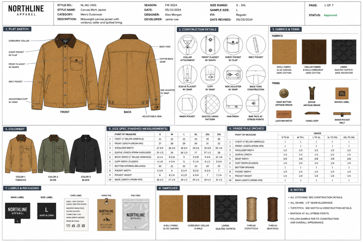 A custom jacket's Tech pack visual.