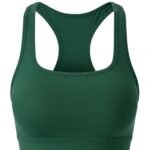 Front view of scoop neck strappy tennis sports bra showing design and fit