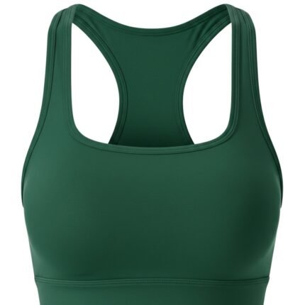 Front view of scoop neck strappy tennis sports bra showing design and fit