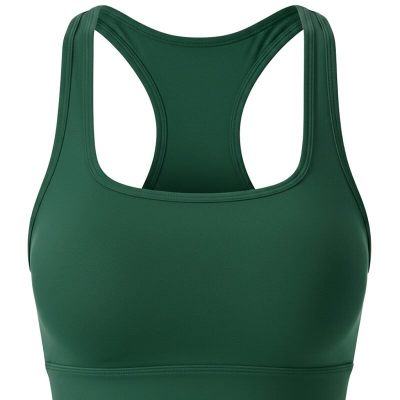 Front view of scoop neck strappy tennis sports bra showing design and fit