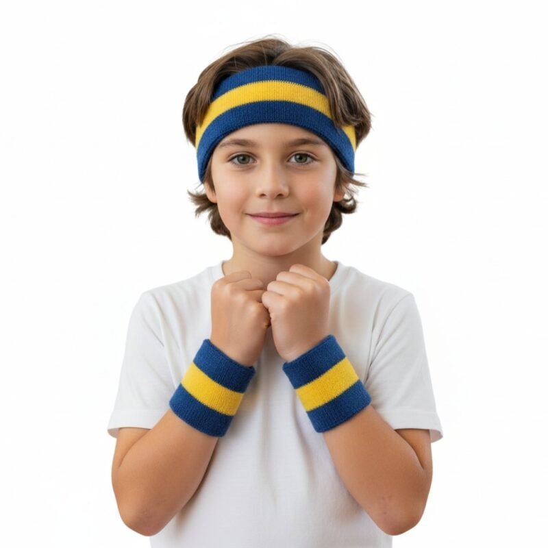 Person wearing a matching set of terry cloth tennis sweatbands, including a headband and wristbands, in an athletic pose.