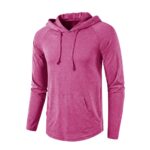 Front view of a men’s pink heather lightweight performance tennis hoodie, featuring a relaxed hood, long sleeves, and a straight hem in soft pink heather technical fabric.