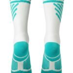 Single cyan tennis soft sock, mid‑calf length, showing the cushioned footbed, ribbed leg, and bright cyan knit for comfortable on‑court performance.