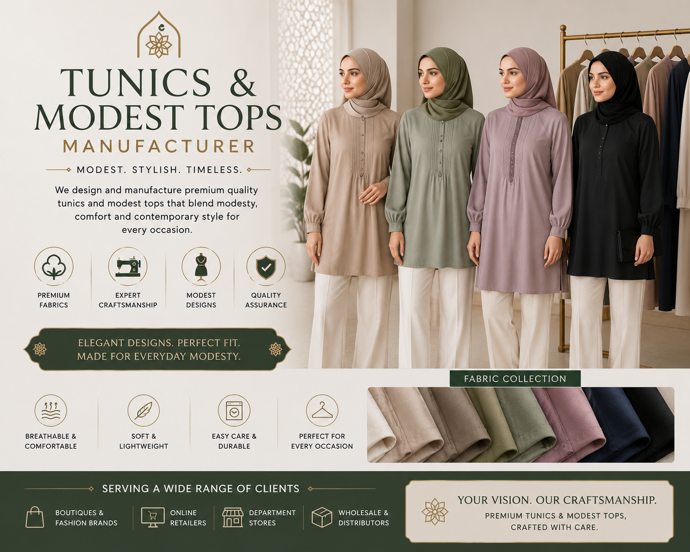 Tunics and modest tops manufacturer infographic showing women in modest Islamic fashion tunics with premium fabrics and expert craftsmanship, by Eco Jersey Limited