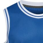 Close-up view of a unisex basketball sleeveless shirt in lightweight performance fabric, showing the neckline and chest details.
