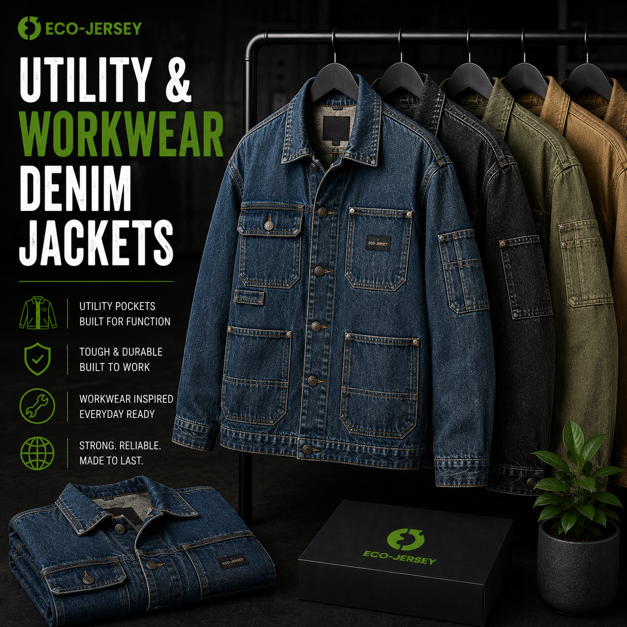Custom utility and workwear denim jackets with durable construction and functional pockets, manufactured by Eco Jersey Limited