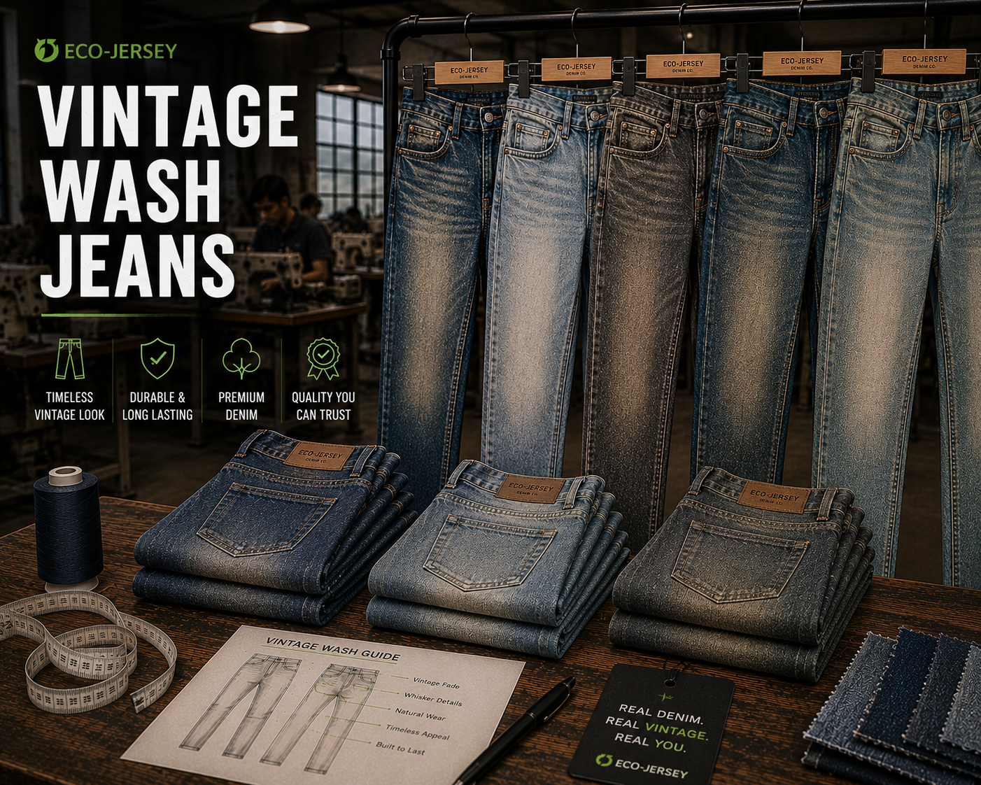 Eco Jersey Limited custom vintage wash denim jeans with timeless look, durable premium quality for B2B wholesale orders