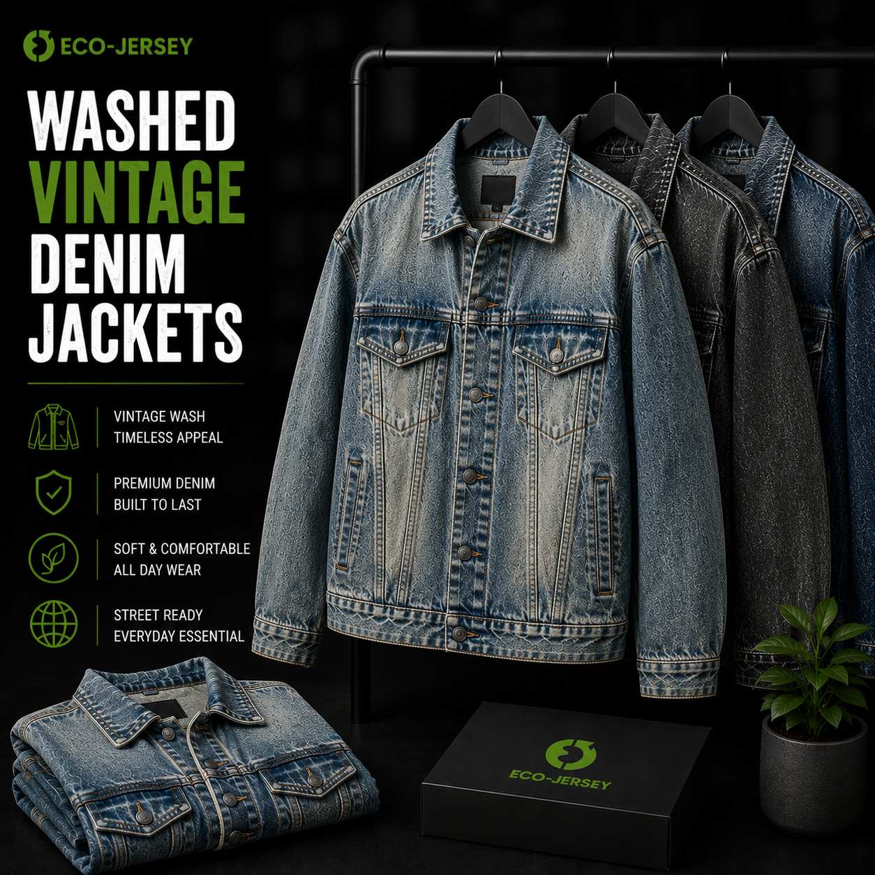 Custom washed vintage denim jackets with distressed aesthetic for fashion brands, manufactured by Eco Jersey Limited