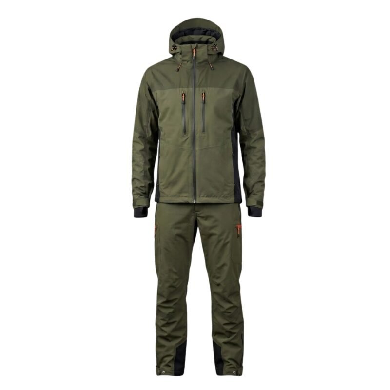 Waterproof rain suit displayed on a plain background.