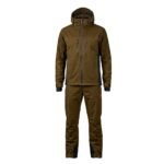 Dark golden brown waterproof rain suit displayed on a plain background.