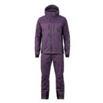 Muted purple waterproof rain suit displayed on a plain background.