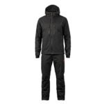 Black waterproof rain suit displayed on a plain background.