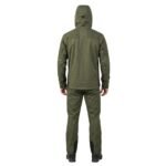 Back view of a model wearing a waterproof rain suit.