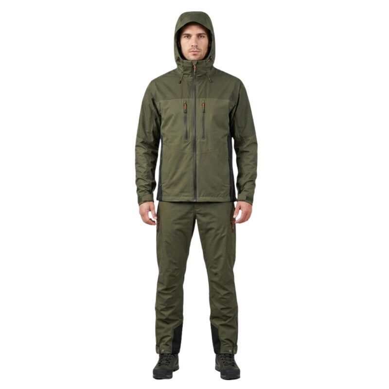Front view of a model wearing a waterproof rain suit.