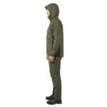 Side view of a model wearing a waterproof rain suit.