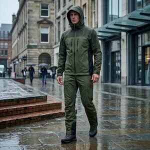 Model wearing a waterproof rain suit standing in a rainy city street.