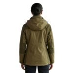 Back view of a model wearing a waterproof ski jacket.