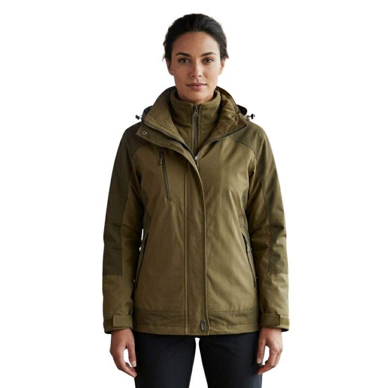 Front view of a model wearing a waterproof ski jacket.