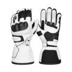 White and black heated motorbike gloves displayed on a plain background, showing insulated design and protective detailing.