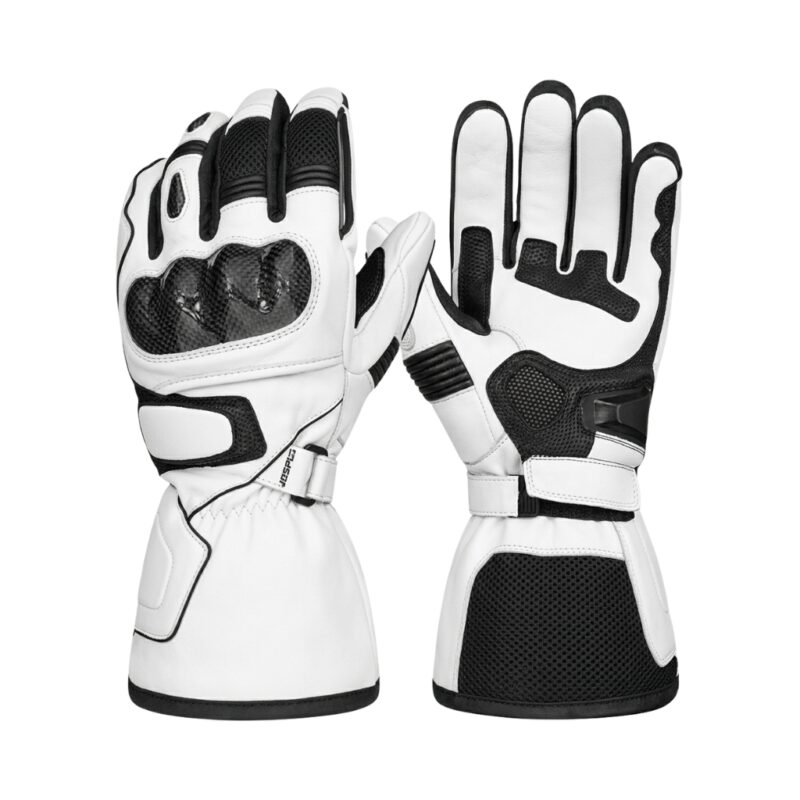 White and black heated motorbike gloves displayed on a plain background, showing insulated design and protective detailing.