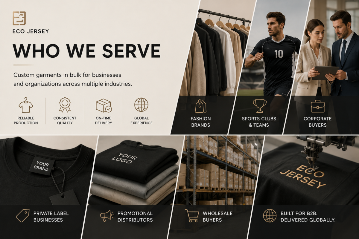 Who Eco Jersey serves — custom bulk garment solutions for fashion brands, sports clubs and teams, corporate buyers, private label businesses, promotional distributors, and wholesale buyers worldwide