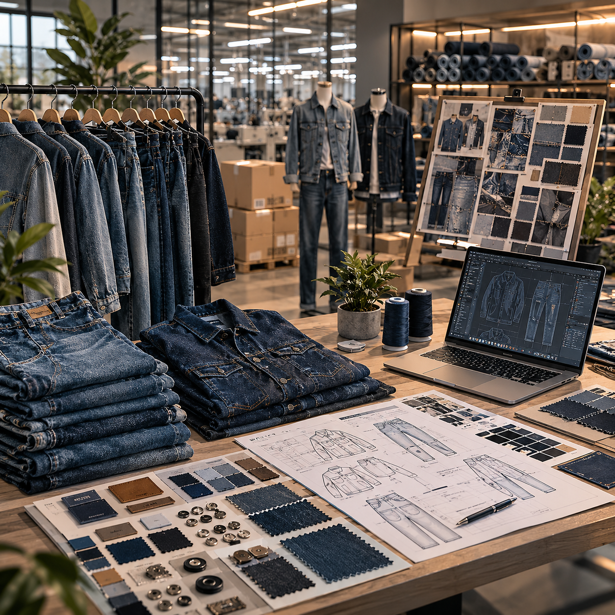 Why choose Eco Jersey for your denim apparel project — denim manufacturing showroom with hanging jackets, mannequins, fabric swatches, and design tools