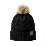 Black winter beanie hat displayed on a plain background.