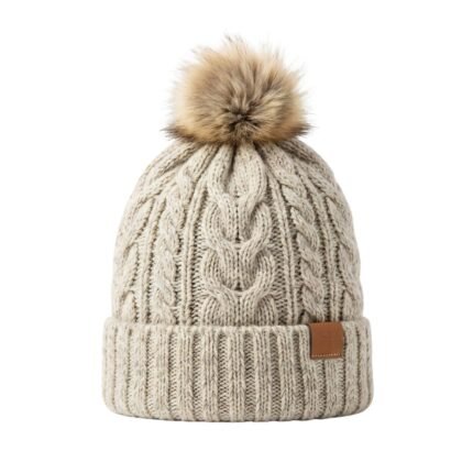 Cream-colored winter beanie hat displayed on a plain background.