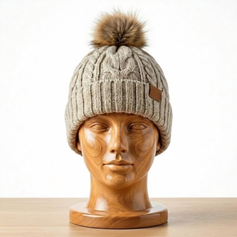 Front view of a winter beanie hat displayed on a plain background.